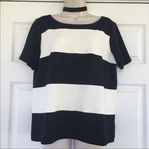 Express Large Black + Cream Quilt Striped Top NWT